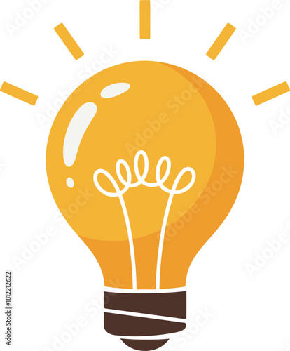 Bright yellow light bulb with glowing filament and rays on white background idea innovation