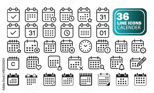 Minimalist Calendar Icons Set, Outline Vector Graphics for Events and Reminders