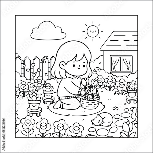Bold and Easy, Cozy Moment: Little Girl Gardening and Picking Flowers Coloring Page for Kids and Adults.