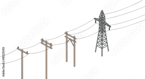 Isometric illustration of electrical power lines with wooden utility poles and steel transmission tower showing energy distribution and modern infrastructure