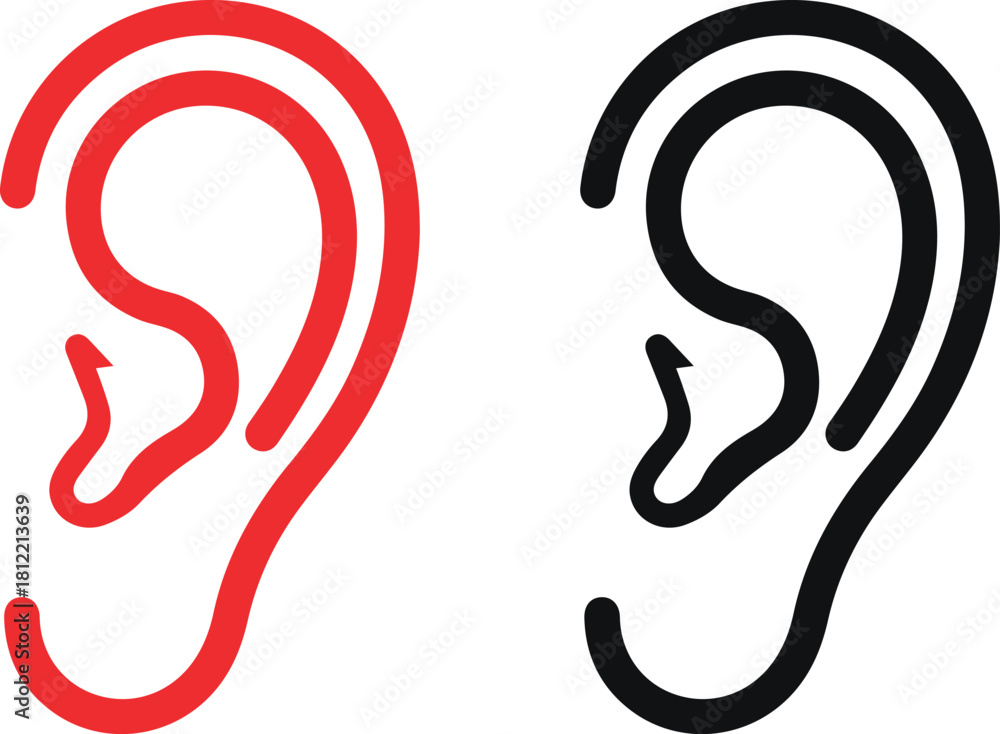 Obraz premium Stylized red and black human ear outline icons representing hearing sense