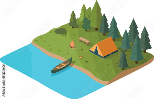 Isometric lakeside camping scene with tent campfire canoe forest trees outdoor adventure illustration peaceful nature travel campsite design artwork