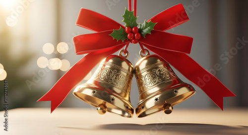 Golden christmas bells with red ribbon and holly berry isolated on white background