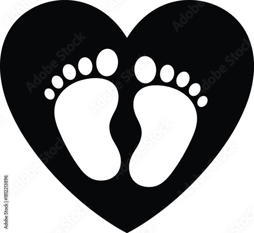 Baby footprints inside heart, newborn silhouette vector icon, pregnancy love symbol, black and white logo, family birth announcement, cute infant steps sign