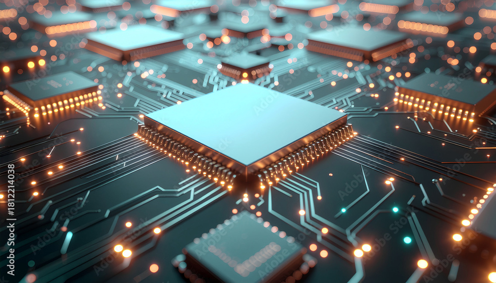 Obraz premium Close-up of a glowing computer motherboard with a central microprocessor, surrounding chips and intricate PCB traces illuminated by blue and orange lights.