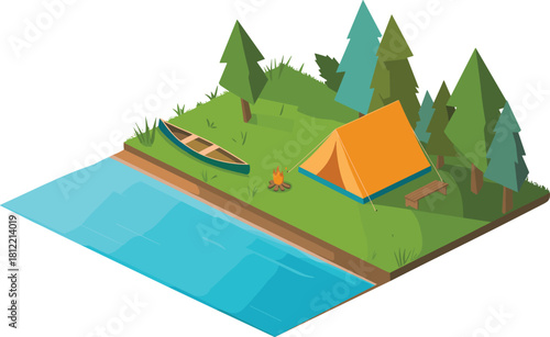 Isometric lakeside camping scene with tent campfire canoe forest trees outdoor adventure illustration peaceful nature travel campsite design artwork