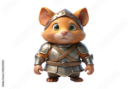 Cartoon mouse warrior wearing armor and helmet with determined expression, isolated on a transparent background