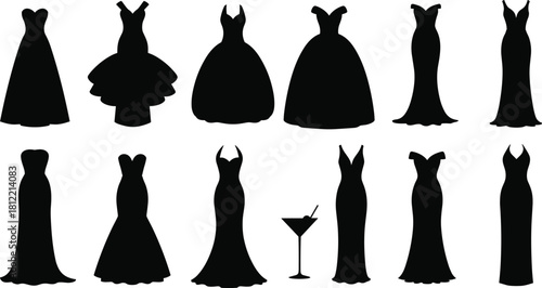 Dress silhouettes, fashion, formal, evening, black, style, design, gown, cocktail, glass, unique, creative, graphic, illustration, neckline, skirt, variety, showcase, inspiration, concept