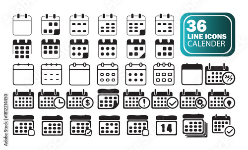 Black and White Calendar Icon Pack, Outline Design for Planning and Organization
