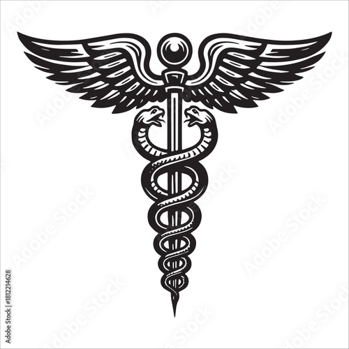 Caduceus Symbol Icon With Winged Serpents
