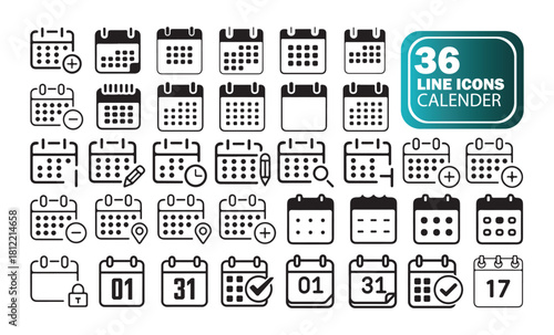 Professional Calendar Icon Bundle, Minimal Line Art, Event and Schedule Elements
