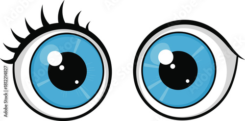 Cartoon blue eyes vector illustration, cute character face element, big round eyeballs, comic style vision symbol, funny look design, blue iris, long eyelashes, isolated
