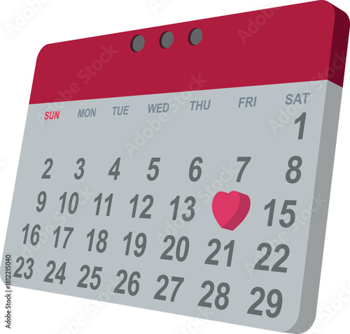 3D Valentine’s Day Calendar Icon – February 14 Date with Red Heart Isolated on Transparent Background