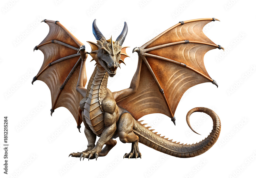 Fototapeta premium Tan dragon with spread wings, horns, fantasy creature sculpture, isolated on a transparent background