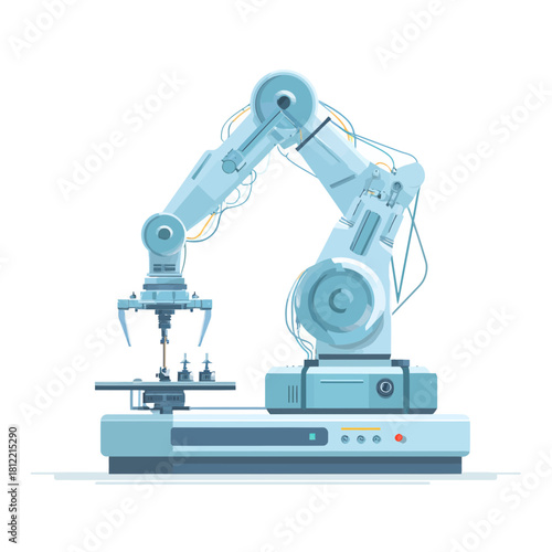 A robotic arm performing assembly in a flat design