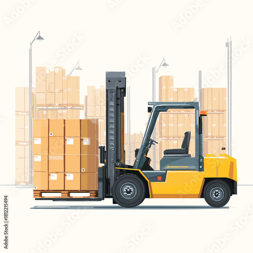 A yellow forklift transporting boxes inside a warehouse setting