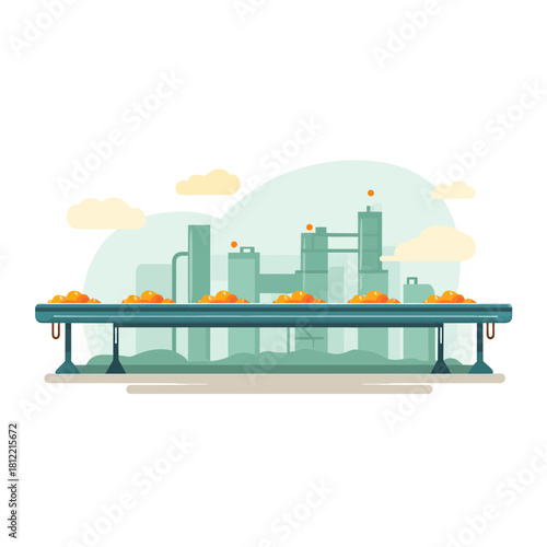 Conveyor belt carrying food products through a factory