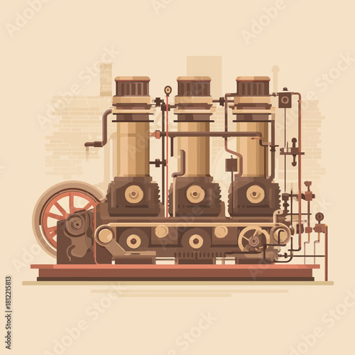 Flat Vector Illustration of a Vintage Industrial Steam Engine