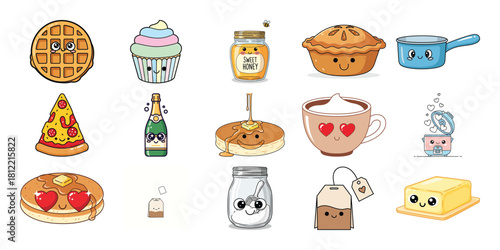 Collection of kawaii kitchen utensils and food items with smiling faces
