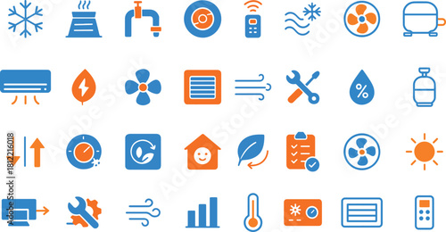 Air conditioning blue and orange glyph icons set. HVAC system, temperature, humidifier, heater, climate