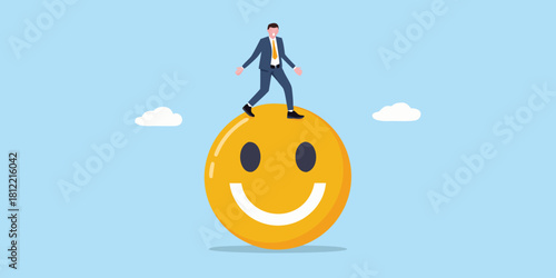 Businessman walking on a giant smiley face symbol