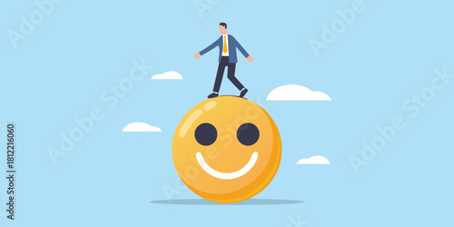 Businessman walking on a giant happy face emoji