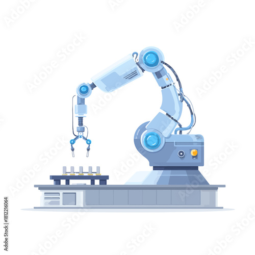 Industrial Robot Arm with Small Parts on a Production Line