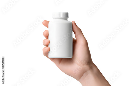 Elegant Hand Holding White Pill Bottle Mockup Against Transparent Backdrop for Pharmaceutical and Healthcare Marketing Presentations