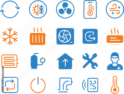 Heating and cooling system icon set climate control power switch and fan symbols
