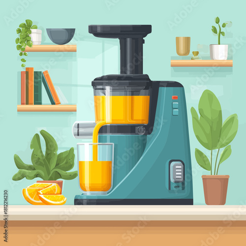 Juicer pouring fresh orange juice into a glass in the kitchen