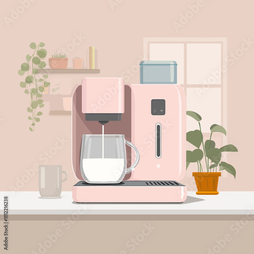 Pink Automatic Milk Maker Pouring Liquid Into a Glass Mug