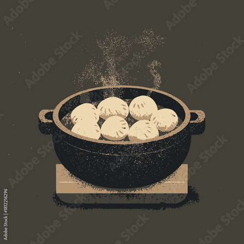 Steaming dumplings in a traditional cast iron pot