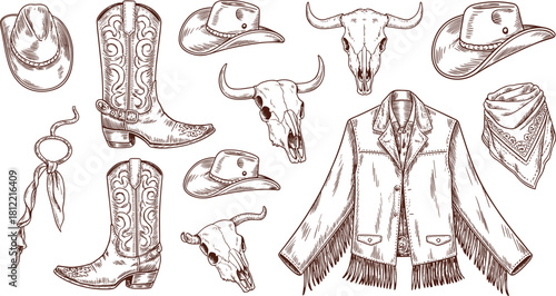 Vintage Western cowboy sketch set featuring boots, hats, skulls, bandana and fringed jacket drawn in detailed hand-drawn rustic style