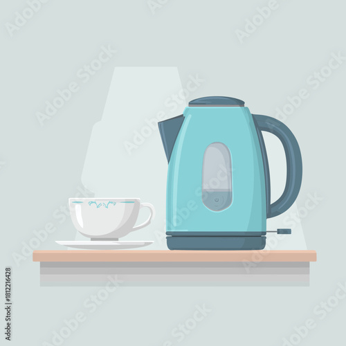 A blue electric kettle with a teacup on a wooden shelf