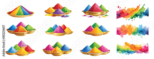 Vibrant set of Holi powder Gulal bowls and colorful paint splashes.