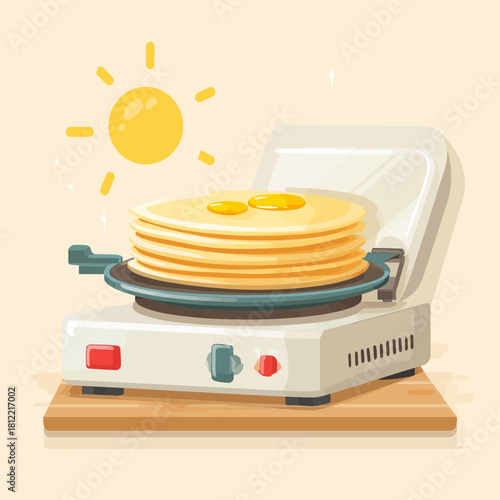 A stack of pancakes on an electric crepe maker with the sun