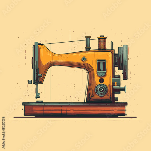 A vintage industrial sewing machine in a flat design