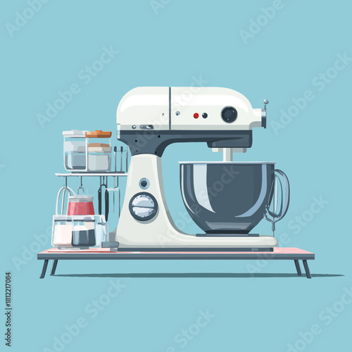 A white stand mixer with a bowl in a kitchen illustration