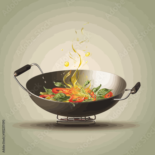 A wok filled with vegetables and oil ready for cooking