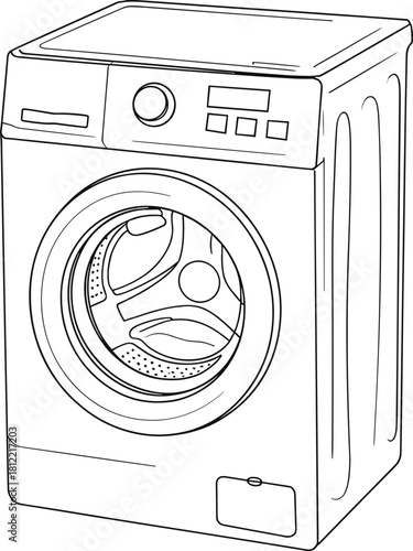 Line drawing of a modern front-loading washing machine on a white background appliance laundry