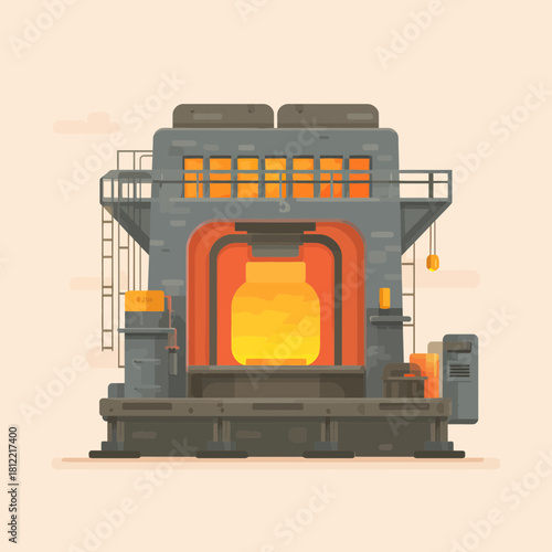 Flat vector illustration of a industrial furnace with glowing heat