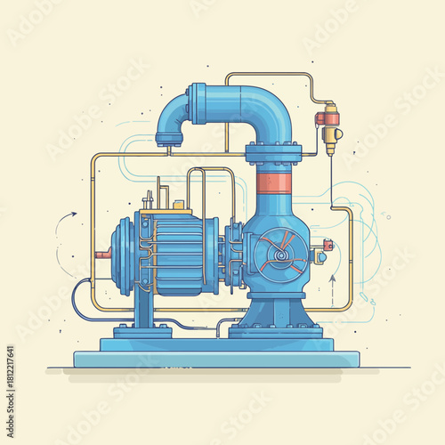 Illustration of a Blue Centrifugal Pump with Pipes and Valves