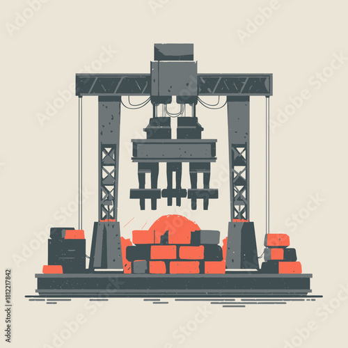 Industrial Hydraulic Press Crushing Bricks in Factory Environment