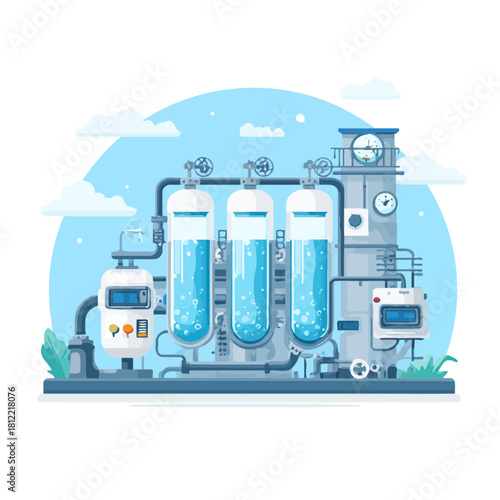 Industrial Water Filtration Plant Vector Illustration in Blue
