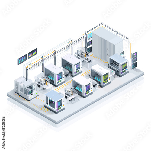 Isometric illustration of a 3D printing factory and its functions