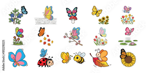 Collection of adorable cartoon foxes in various poses and outfits on white background