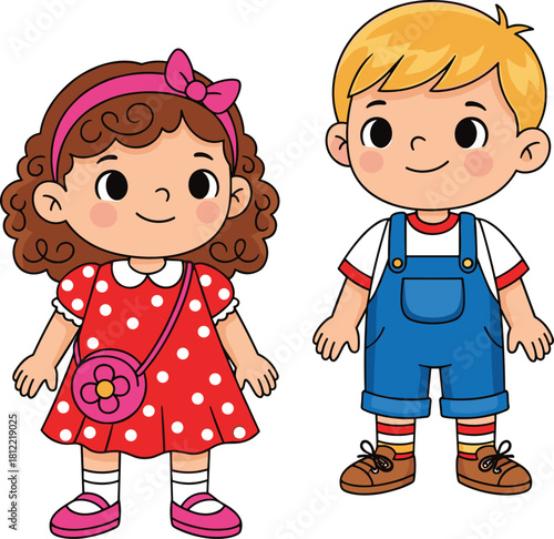 Cute cartoon boy and girl standing together, happy children vector illustration, kids fashion, red polka dot dress, blue overalls, sibling characters