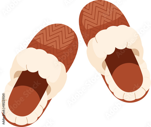 Pair of cozy brown fuzzy slippers with chevron pattern on white background shoes footwear