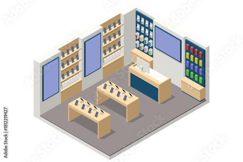 Isometric smartphone store interior with shelves, tables, accessories, demo phones and a counter area in a modern tech retail environment. Mobile smartphones series shown on retail display