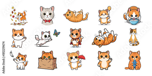 Collection of cartoon foxes in various poses and activities on white background